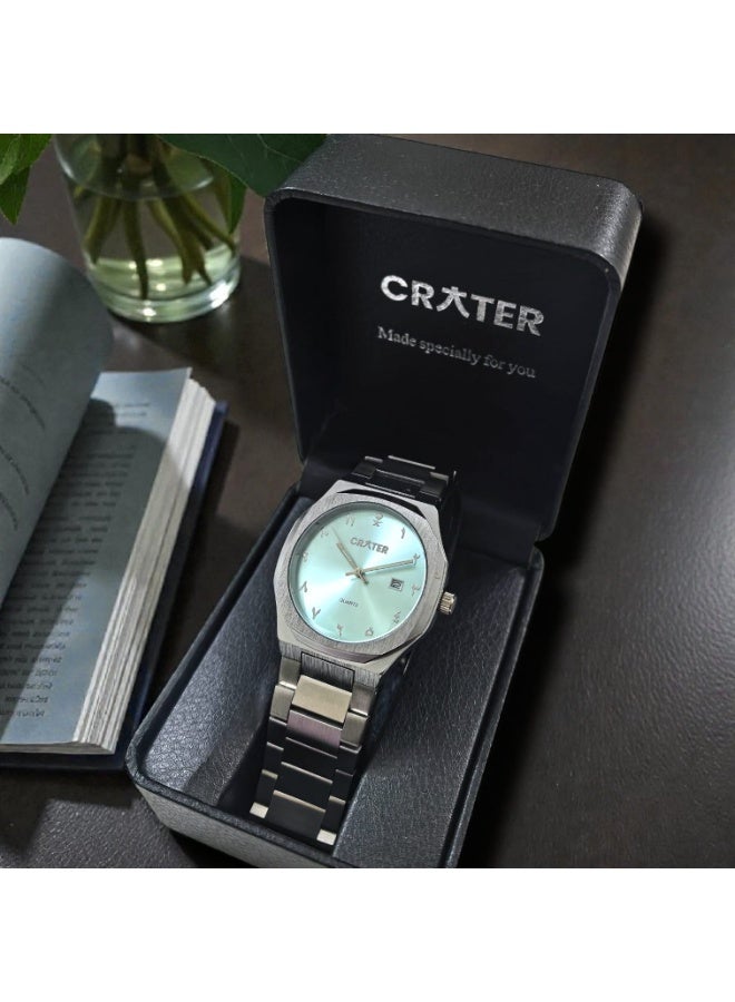 كريتر  ساعة كريتر (CRATER) للرجال – تصميم ملكي فاخر من الستانلس ستيل، مينا كلاسيكي مع عرض التاريخ، مقاومة للماء – تشمل علبة الماركة (فضي /تيفاني). - Image 4